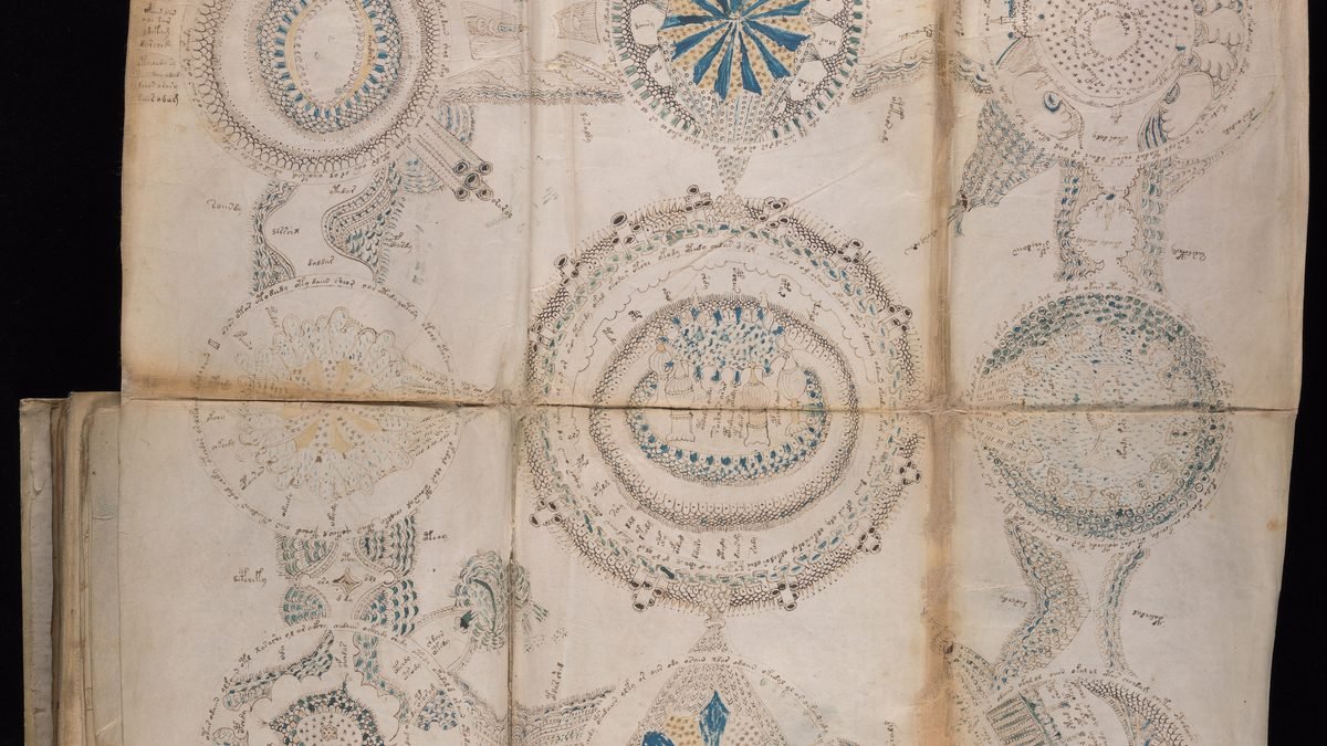 Folha dobrada do manuscrito Voynich, com diagramas circulares desenhados a tinta sobre pergaminho