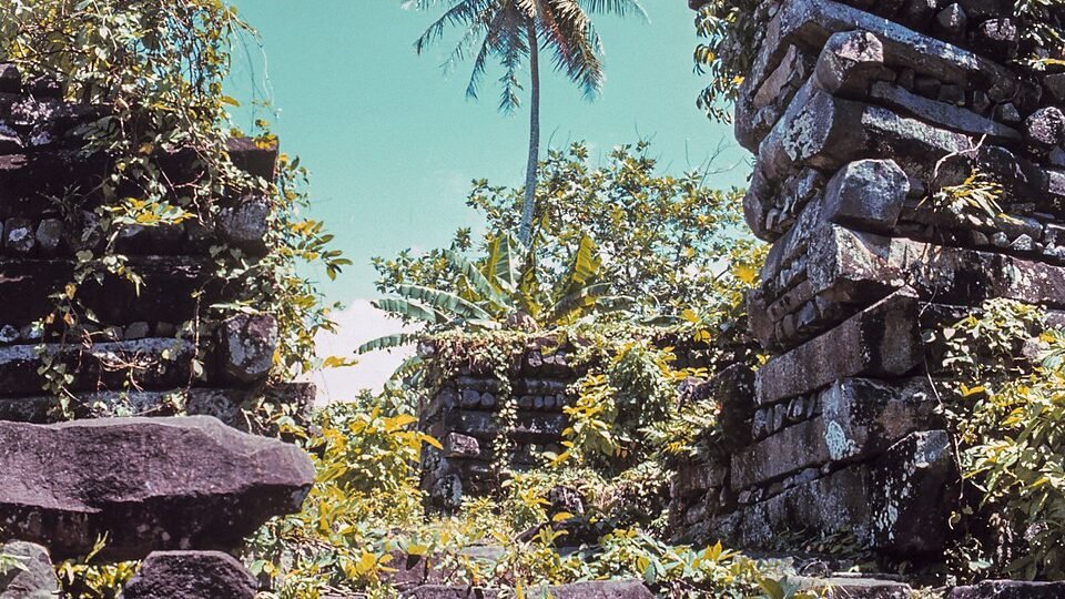 Fotografia das muralhas de colunas de basalto de Nan Madol, tomadas pela vegetação
