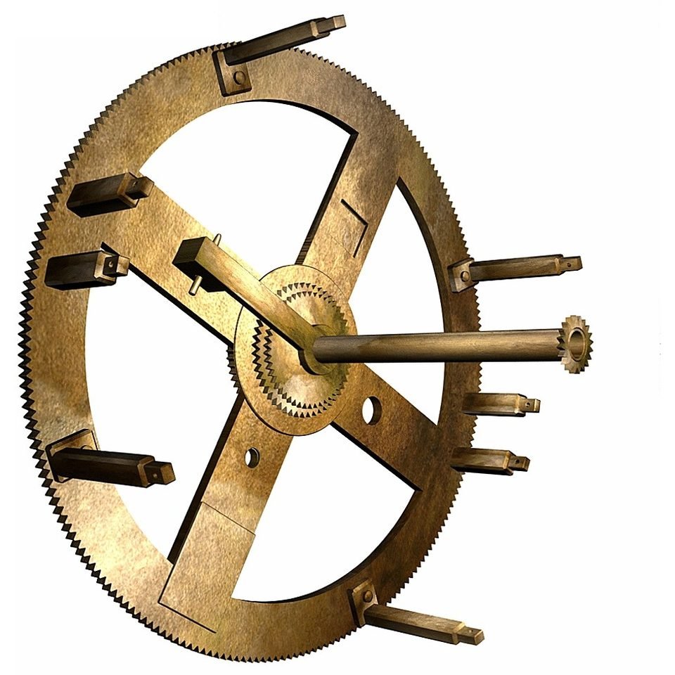 Reconstrução em computador da roda principal do mecanismo de Anticítera, sobre fundo branco: uma grande engrenagem cor de bronze com quatro raios, dentes miúdos na borda, pinos salientes e um eixo no centro