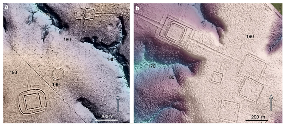 Modelo de elevação obtido por lidar mostrando geoglifos e estradas sob a floresta, ao lado do desenho interpretado