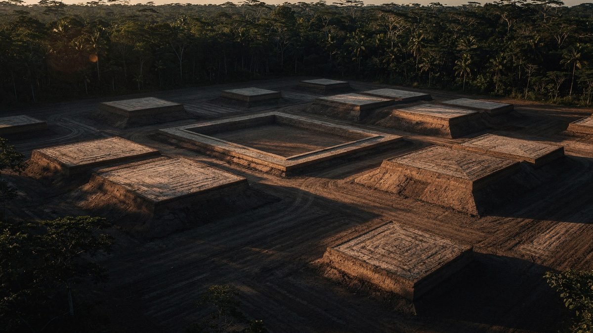 Recriação de plataformas retangulares de terra dispostas em torno de um pátio quadrado, vistas do alto