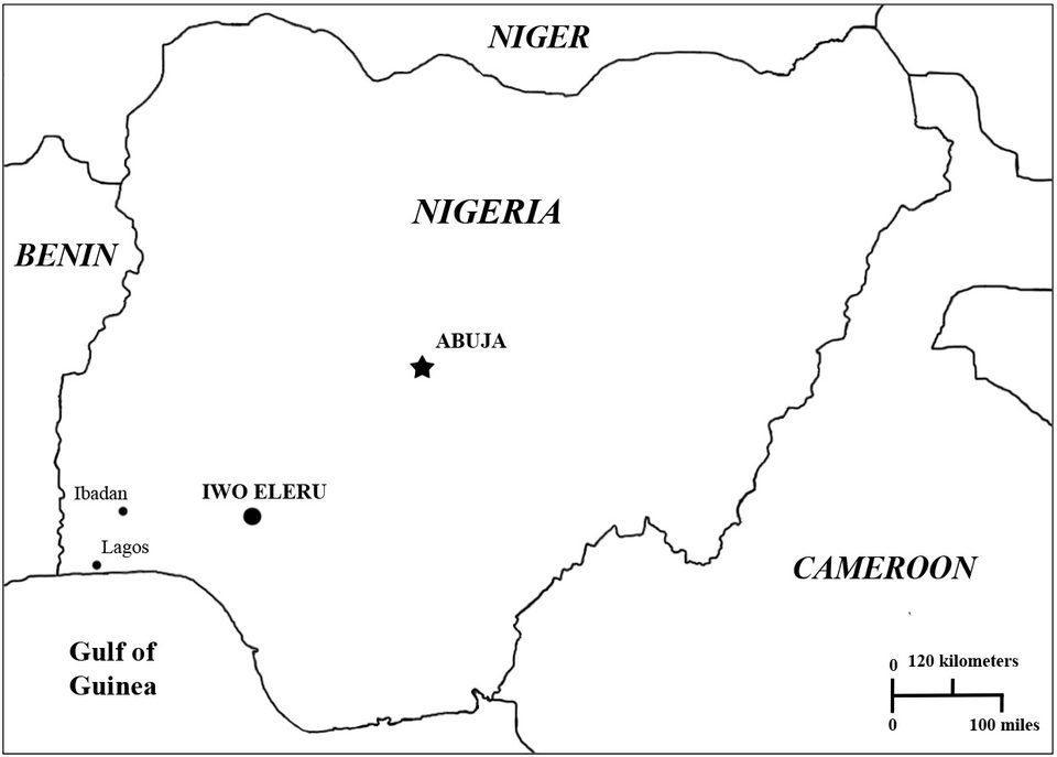 Mapa em preto e branco da Nigéria com as fronteiras de Benin, Níger e Camarões, marcando Abuja, Lagos, Ibadan e o sítio de Iwo Eleru no sudoeste do país