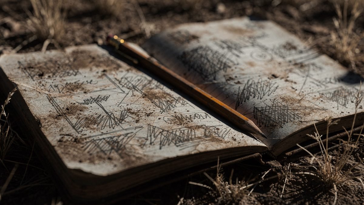Re-creation of an open field notebook, with notes and drawings
