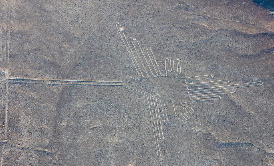 Vista aérea do geoglifo do beija-flor de Nazca: um pássaro desenhado em linha clara contínua sobre o deserto cinza, com bico longo à esquerda, asas abertas e cauda em leque à direita