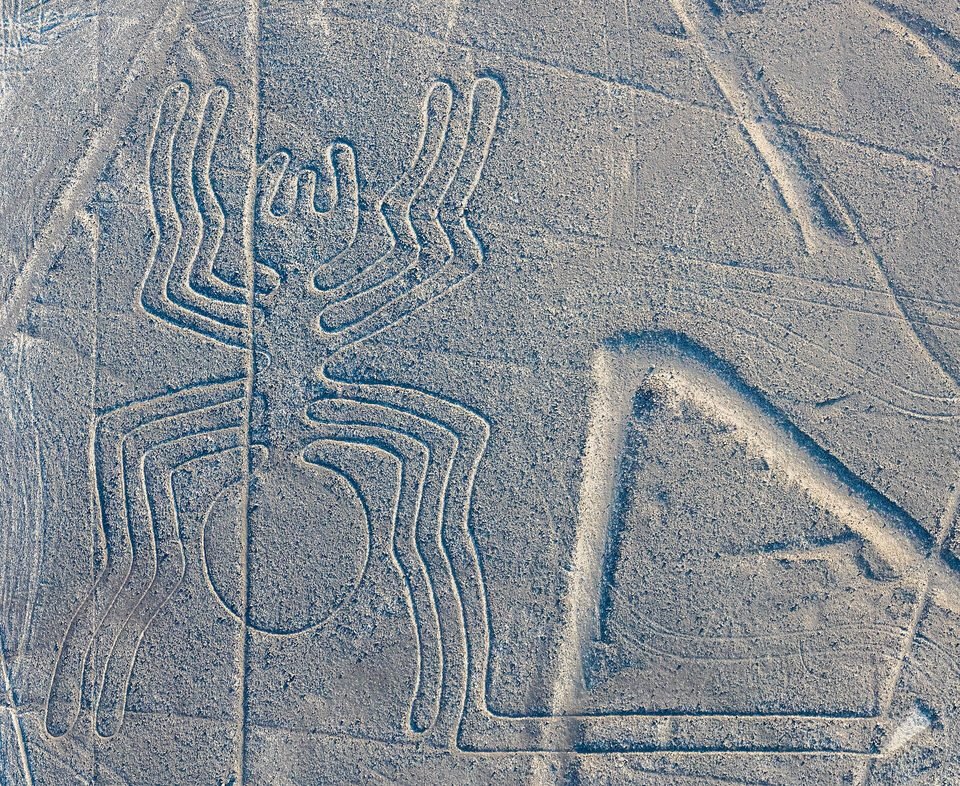Vista aérea do geoglifo da aranha de Nazca: corpo redondo, oito pernas dobradas em linha dupla clara, e uma reta e um trapézio atravessando o desenho