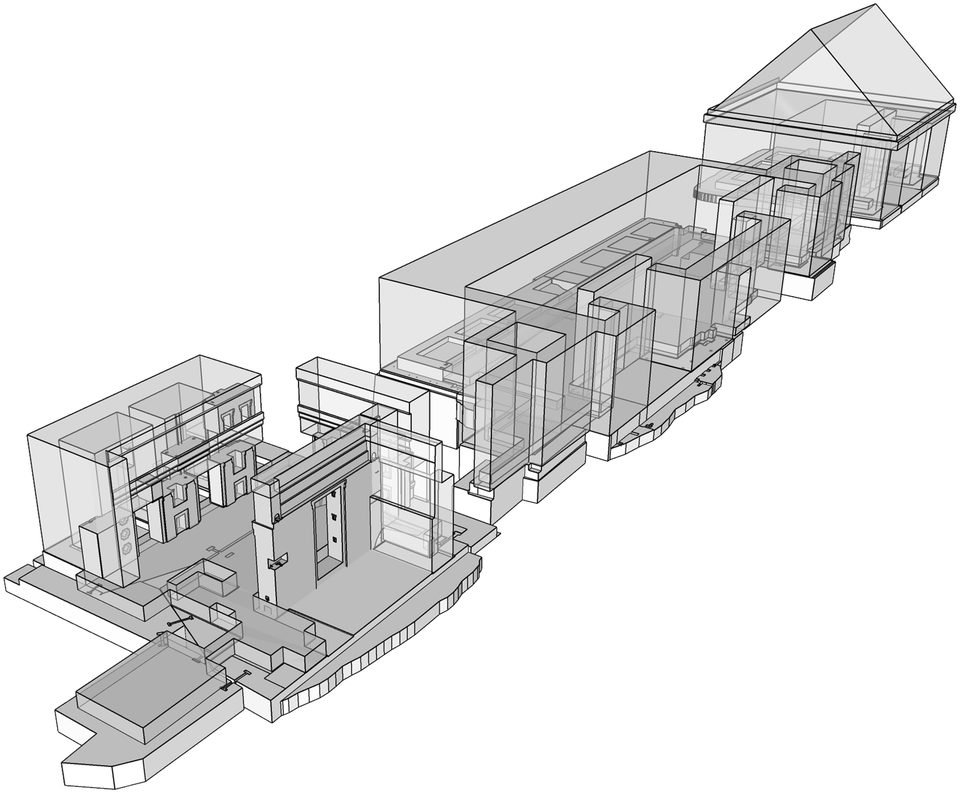 Three-dimensional digital model, in translucent shades of grey on a white background, of an elongated building with enclosures and doorways in sequence, some sections in solid volume and others only suggested