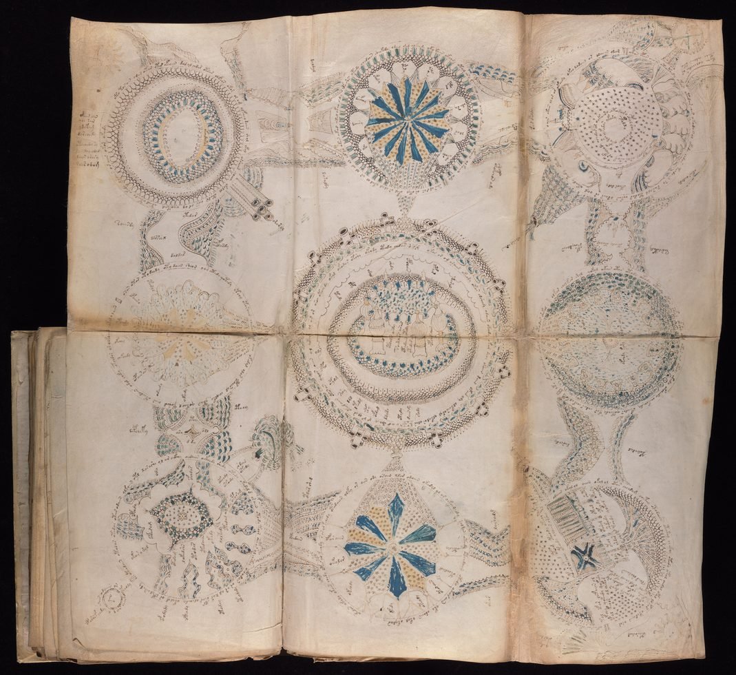 Folha dobrada do manuscrito Voynich com nove diagramas circulares