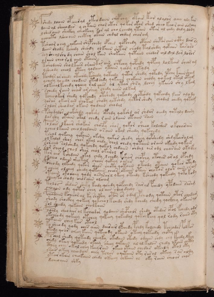 Fólio do manuscrito Voynich com texto corrido e estrelas marcando os parágrafos